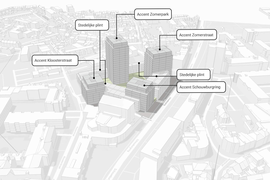 Volumeopbouw nieuw stedelijk blok Louis Bouwmeesterplein